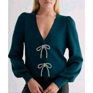 Express Women's Bow Cardigan Kelly Green XXL Soft V-neck neck Long Puff Sleeves